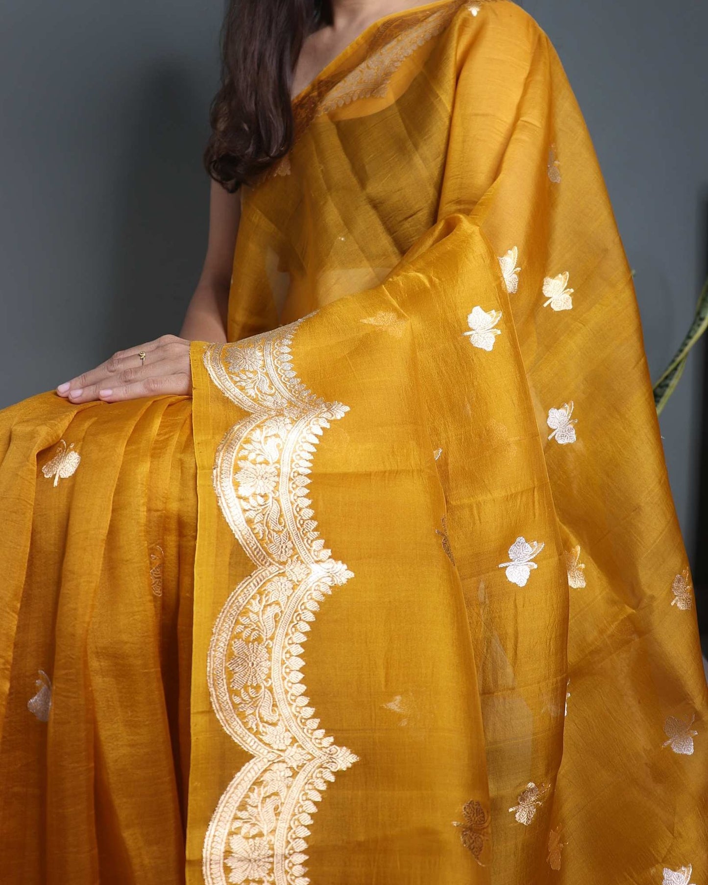 Yellow Mustard Kora Silk Banarasi Saree